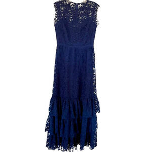 Shoshanna Midnight navy floral lace tiered maxi long formal gown dress size 8